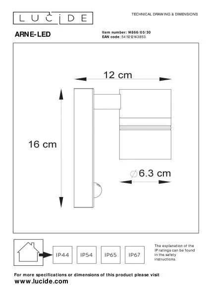 Lucide ARNE-LED IR - Wall spotlight / Wall light Indoor/Outdoor - Ø 6,3 cm - LED - GU10 - 1x5W 2700K - IP44 - Motion & Day/Night Sensor - Black - technical